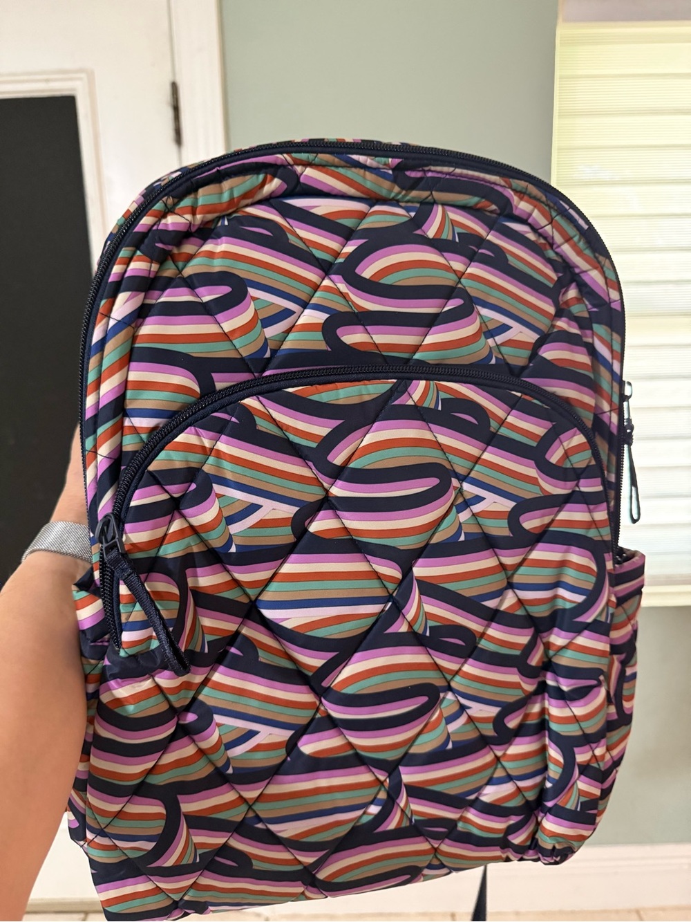 Vera Bradley Retro Ribbons Quilted Backpack in Navy, Pink & Teal